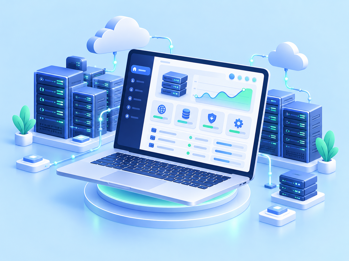 Ilustrasi dashboard hosting dengan laptop dan server